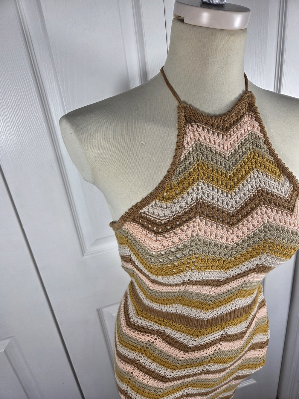 Lush Crochet Knit Halter Maxi Dress Boho Chevron Open Back Small - Picture 3 of 7
